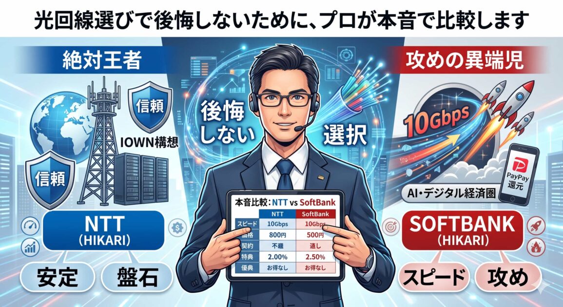 光回線比較：NTT（絶対王者・IOWN構想）とソフトバンク（攻めの異端児・10Gbps/PayPay経済圏）をプロが本音で比較するイラスト図解